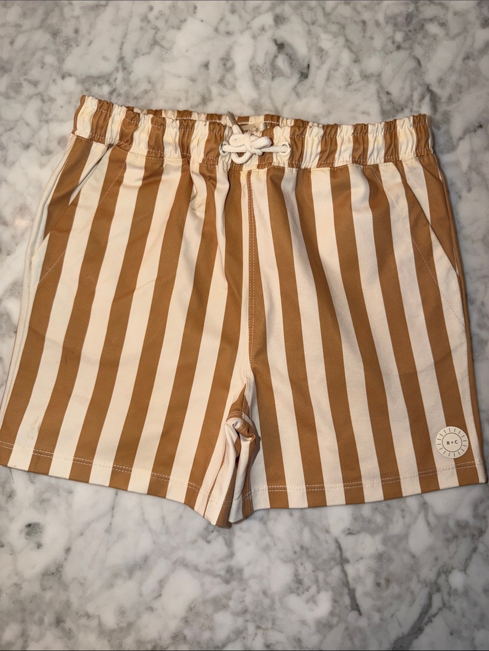 Rylee + Cru Tan and White Striped Kids Swim Shorts